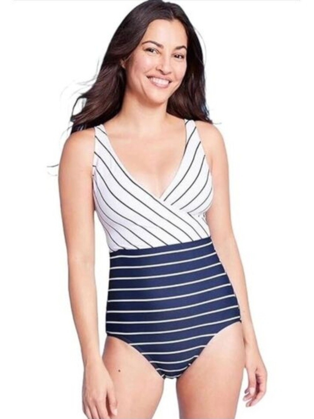 Kona Sol Striped V-Neck One-Piece Swimsuit in White and Navy